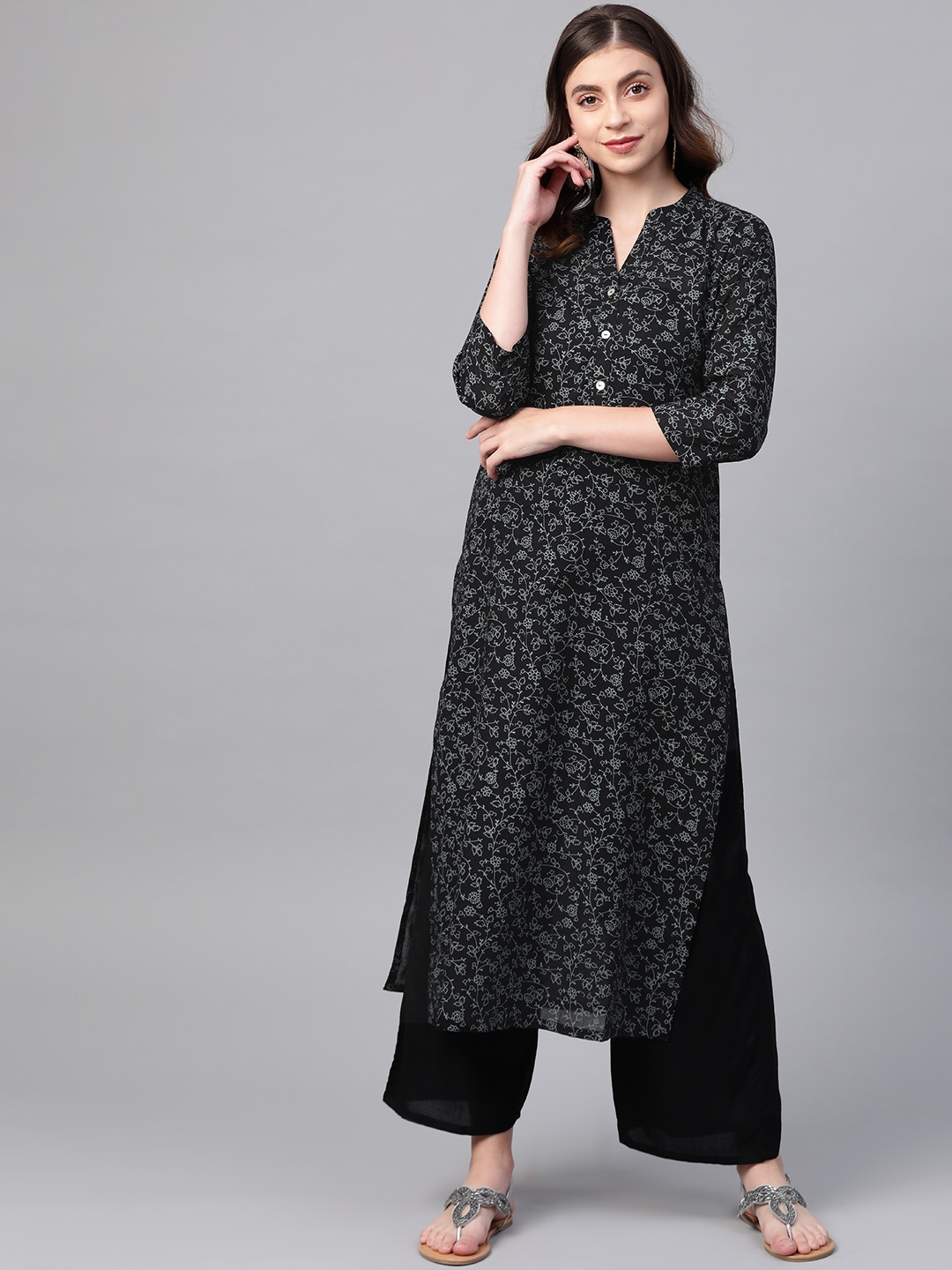 

KSUT Women Black & Grey Khari Print Straight Kurta