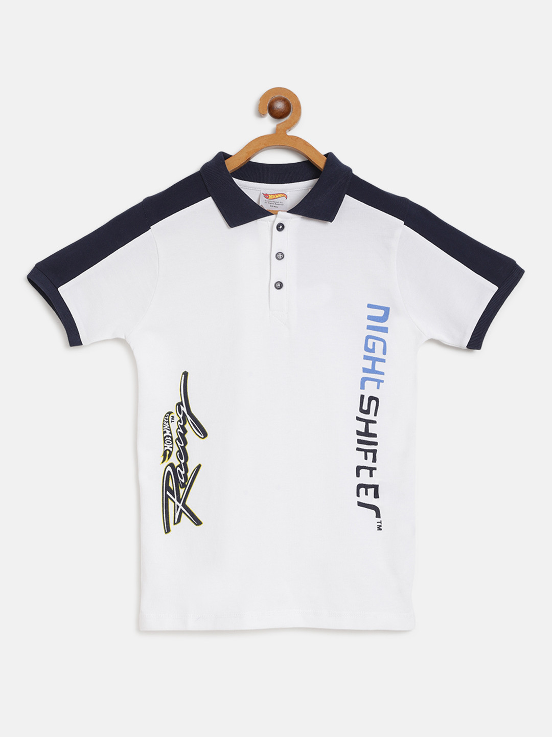 

toothless Boys White & Navy Blue Hot wheels Printed Polo Collar T-shirt