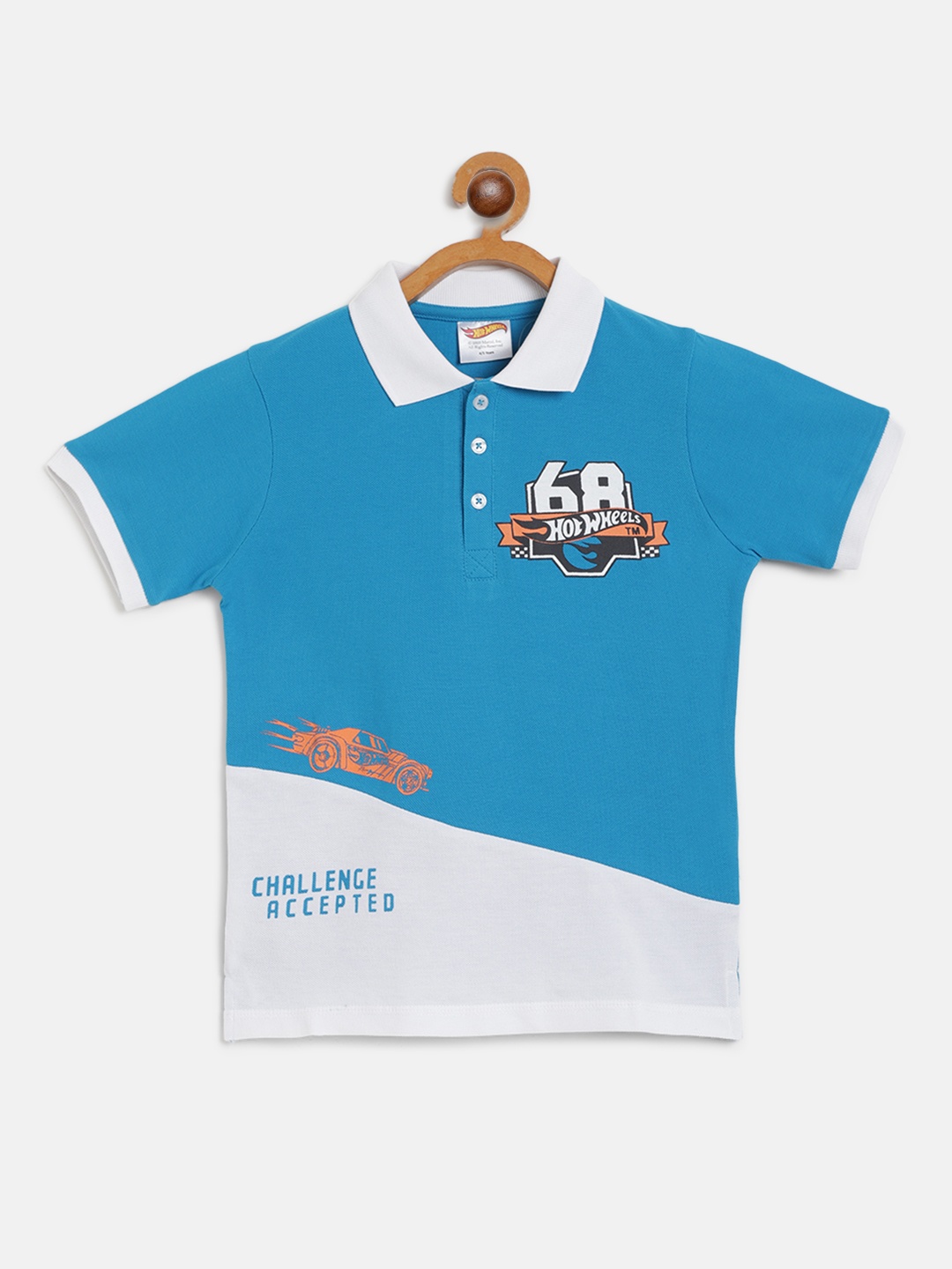 

toothless Boys Blue & White Colourblocked Polo Collar T-shirt with Printed Detail