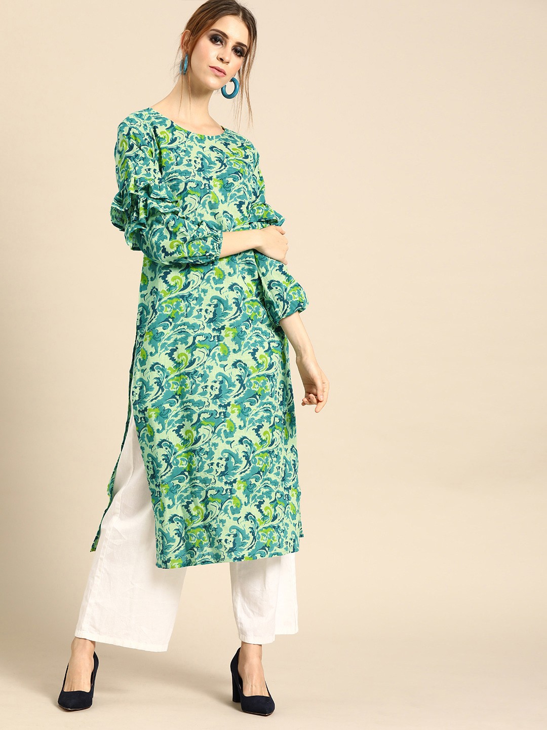 

Nayo Women Green & Blue Printed Straight Kurta With Ruffled Detailing