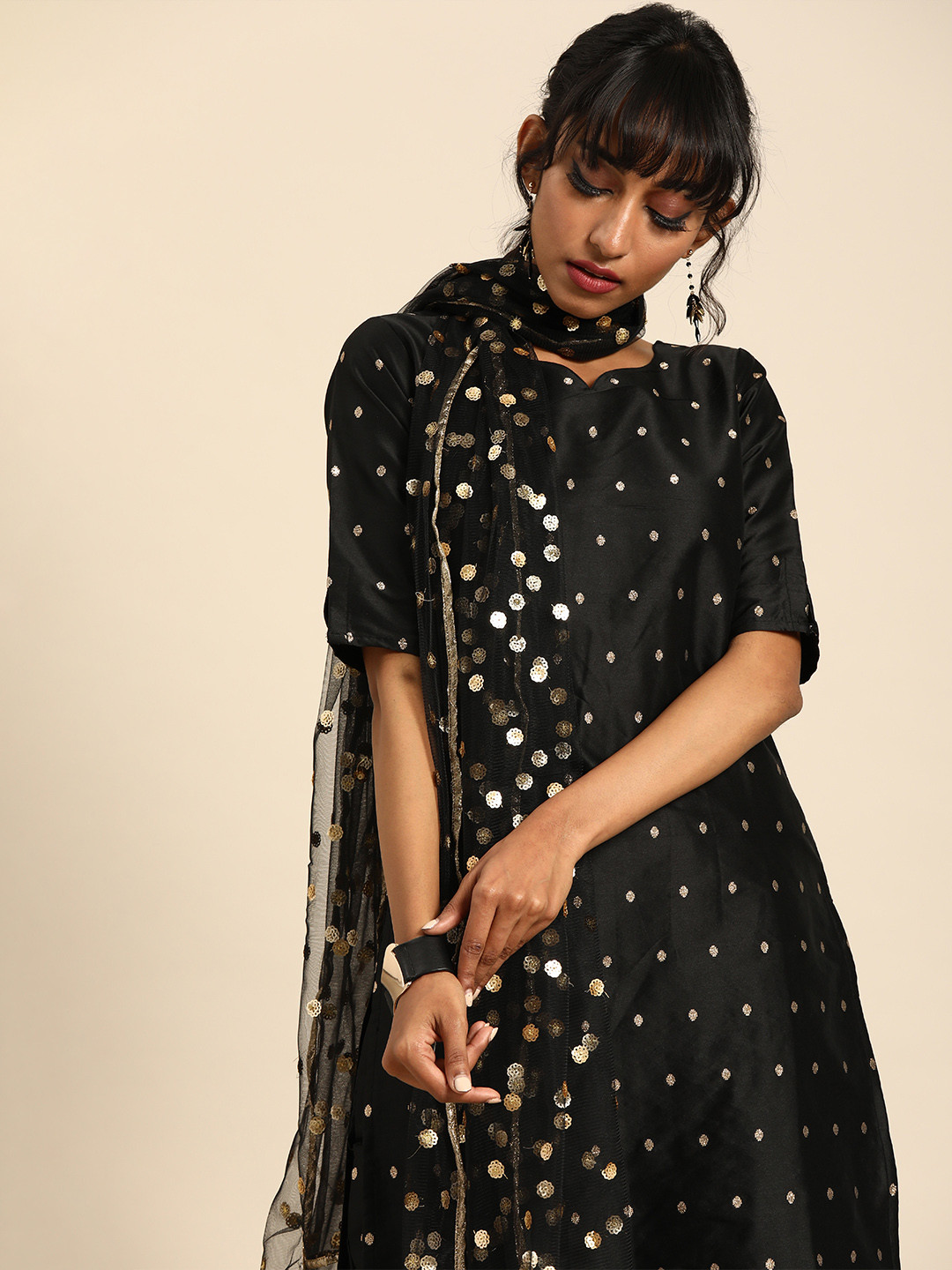 

Nayo Women Black & Gold-Toned Woven Design Kurta with Trousers & Dupatta