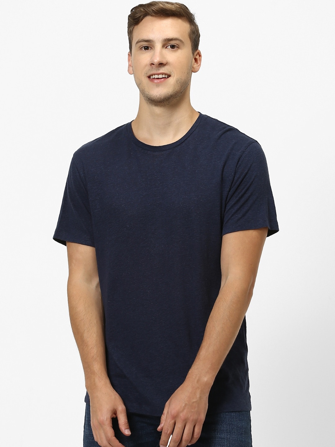 Celio Men Navy Blue Solid Round Neck Linen T-shirt