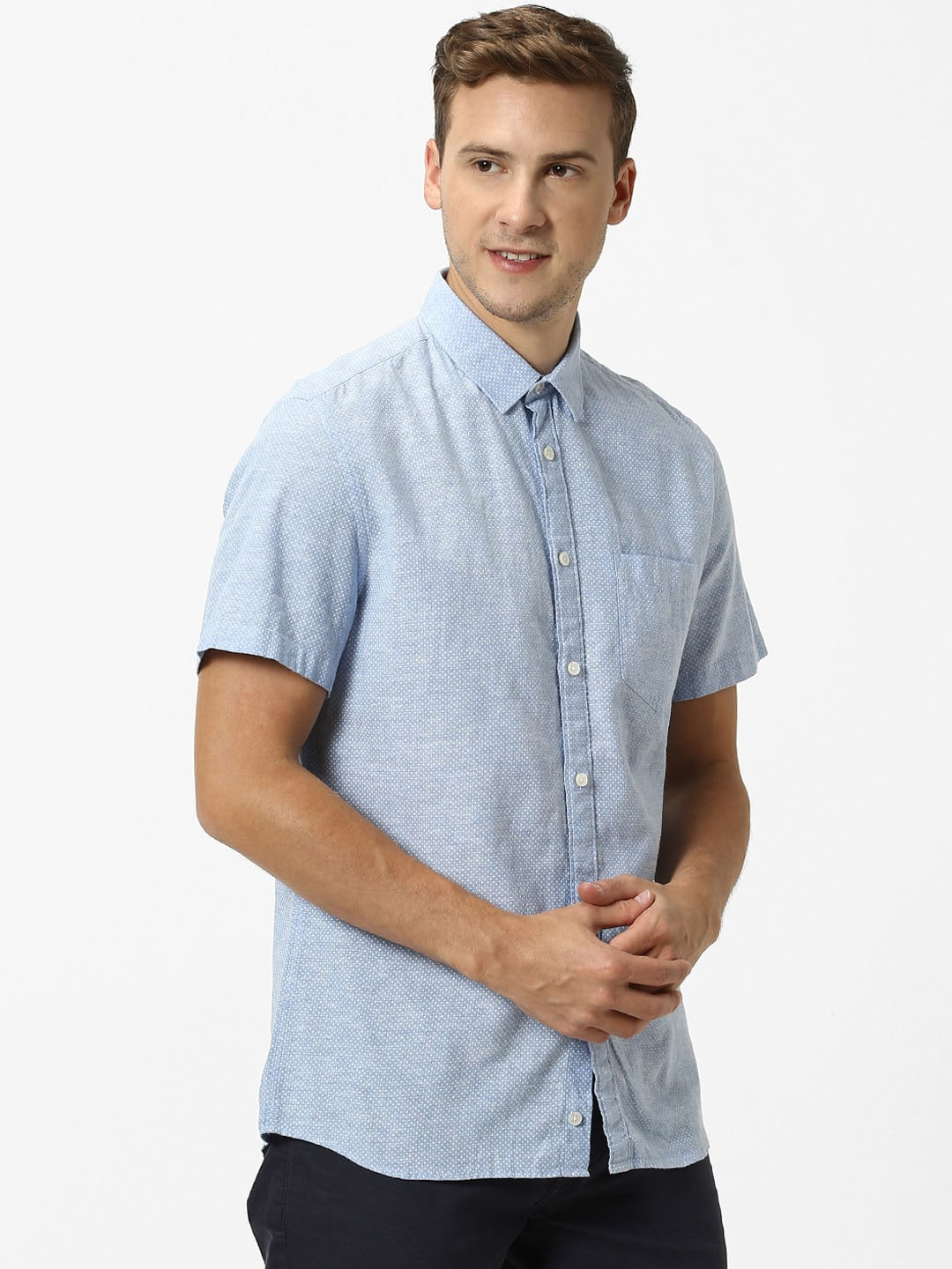 

Celio Men Blue White Regular Fit Printed Linen Cotton Casual Sustainable Shirt
