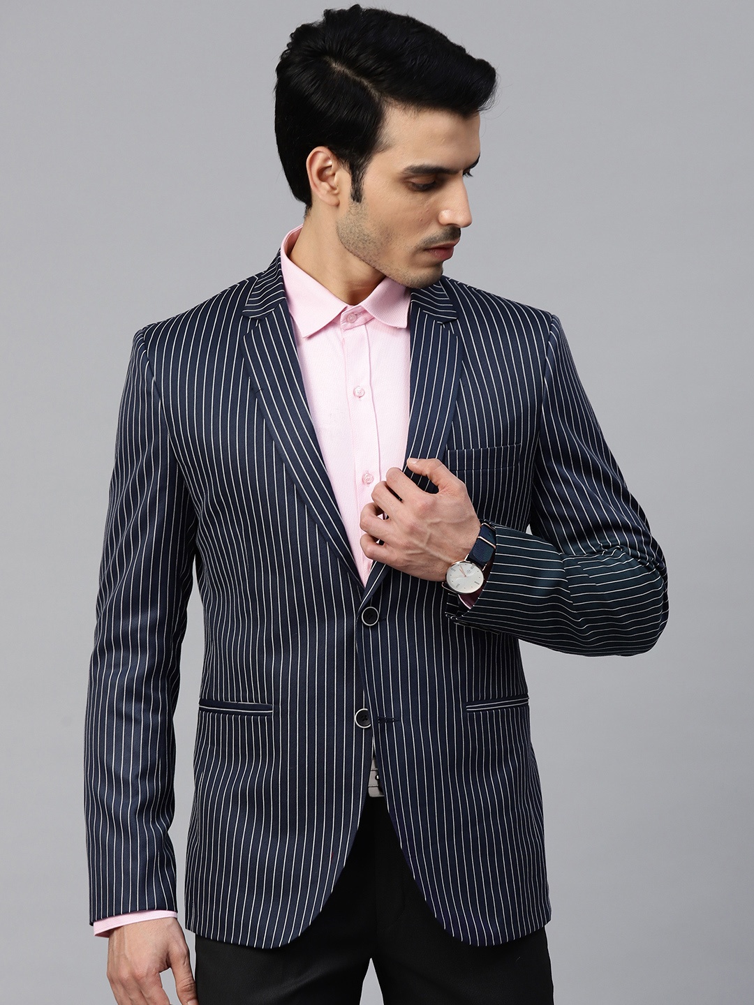 

MANQ Men Navy Blue & White Striped Single-Breasted Slim Fit Formal Blazer