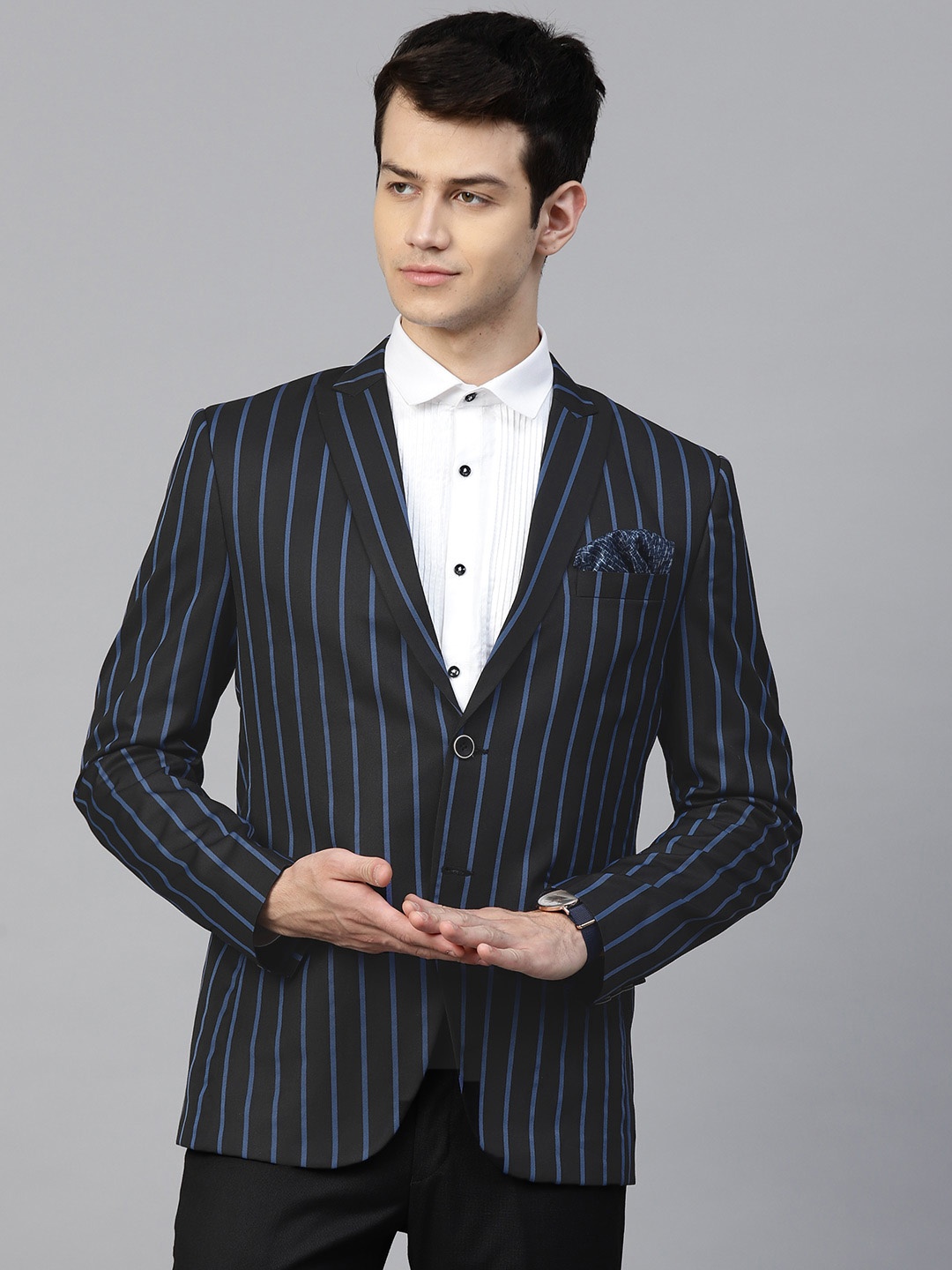 

MANQ Men Black & Blue Striped Single-Breasted Slim Fit Formal Blazer