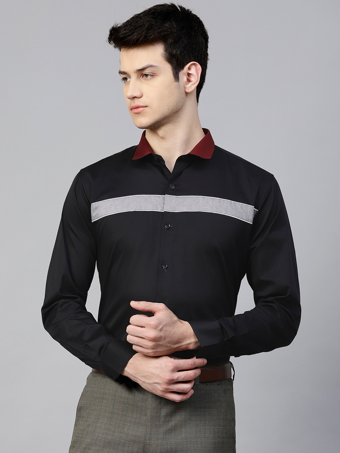 

ManQ Men Black & Grey Slim Fit Colourblocked Party Shirt