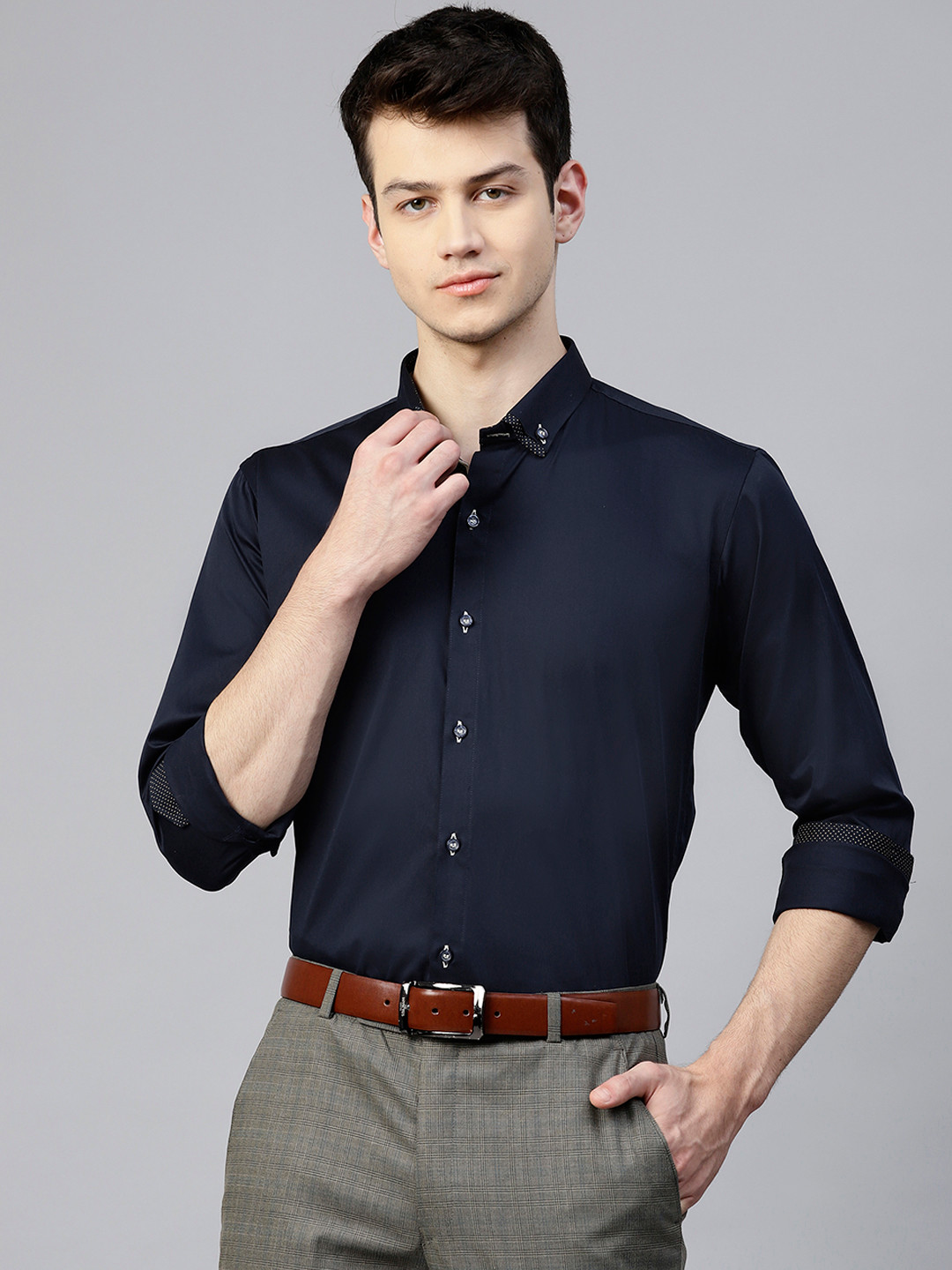 

ManQ Men Navy Blue Slim Fit Solid Casual Shirt
