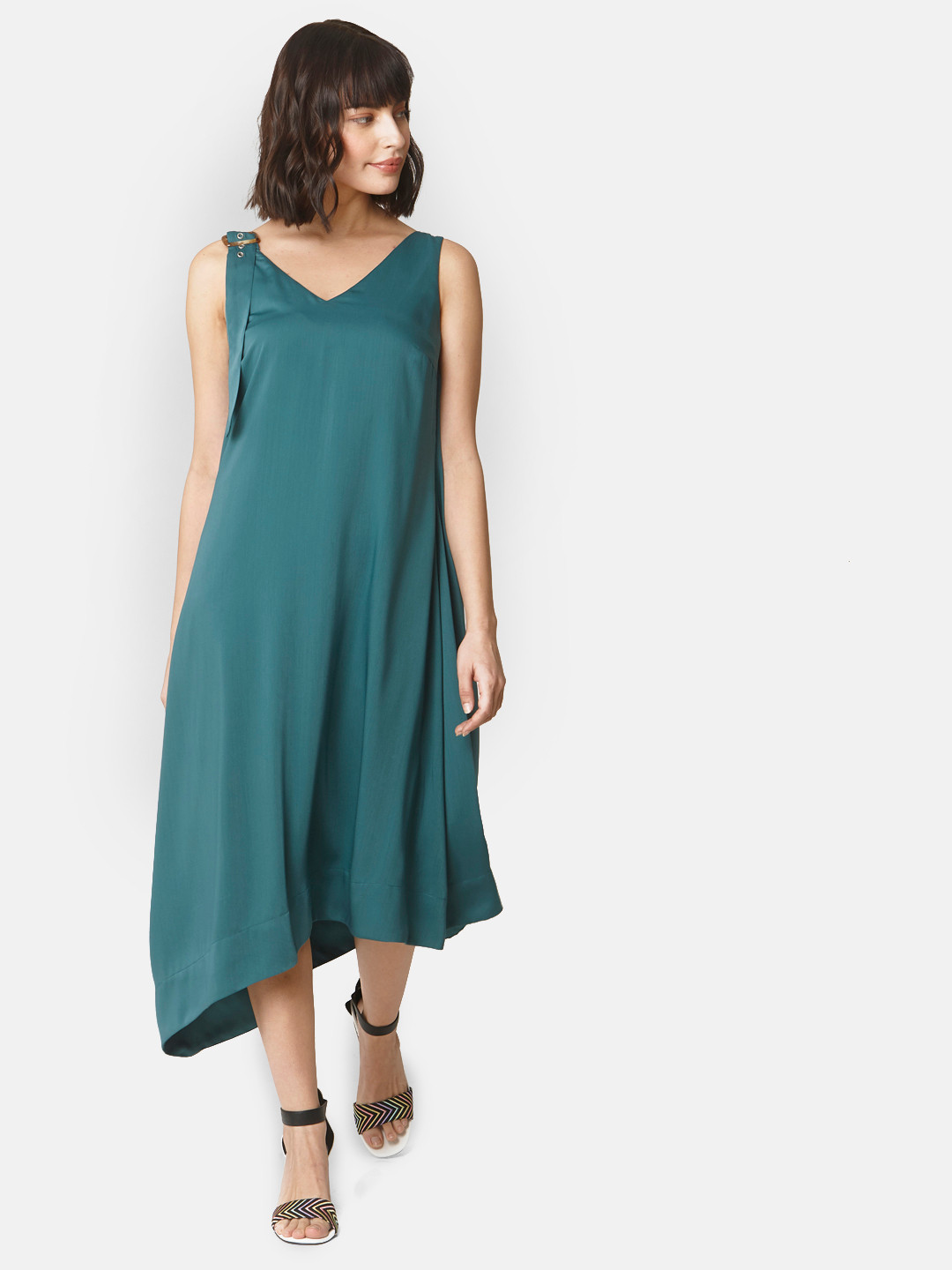 

Vero Moda Women Teal Green Solid A-Line Dress With Asymmetric Hem