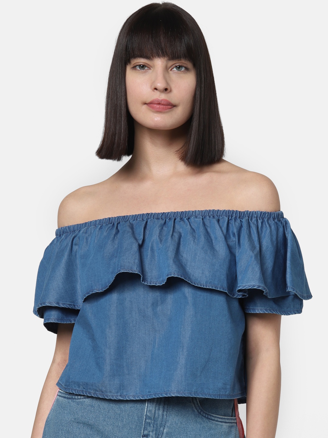 

Vero Moda Women Blue Solid Crop Bardot Pure Cotton Top with Ruffle Detailing