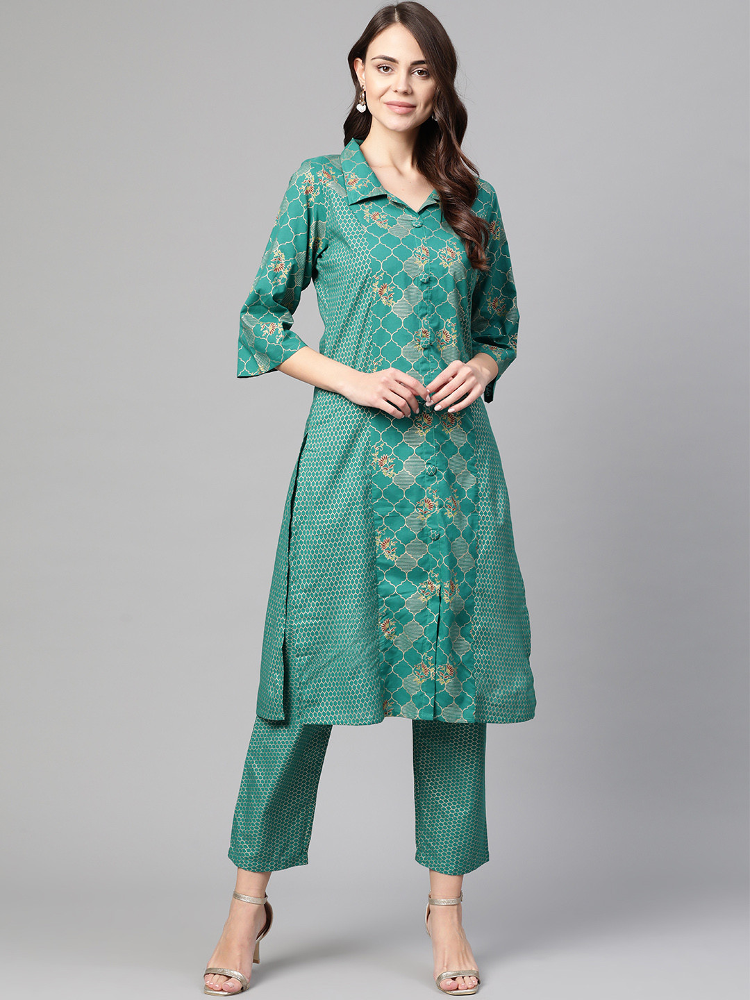 

Myshka Women Teal Blue & Golden Printed Kurta with Trousers
