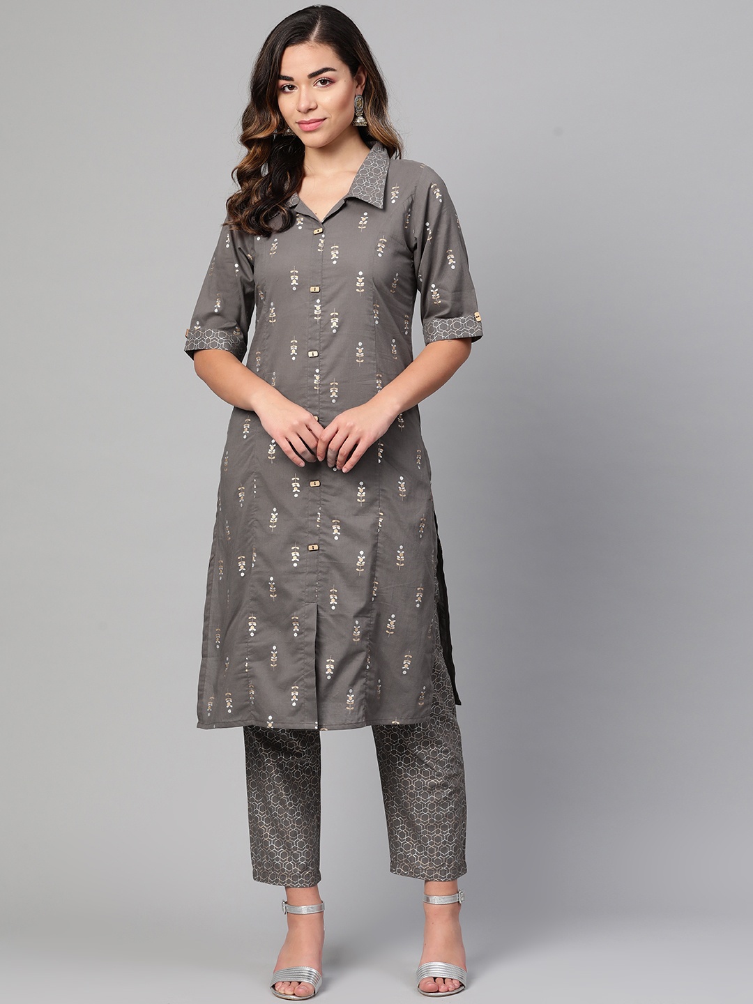 

Myshka Women Grey & Golden Printed Kurta with Trousers