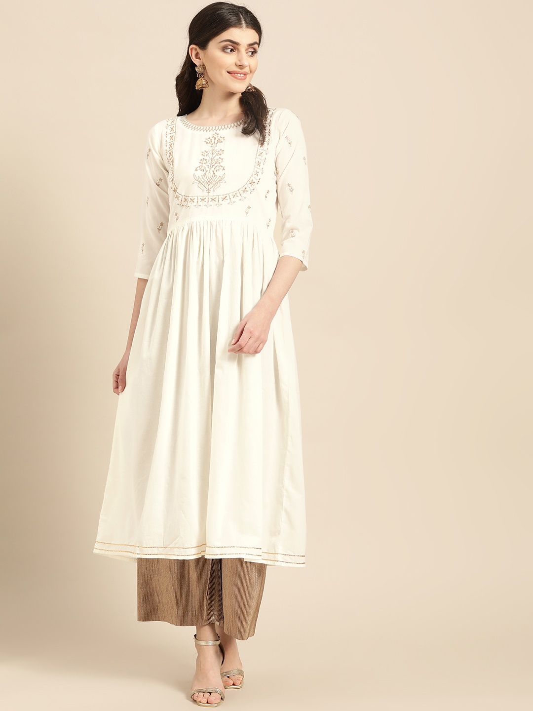 

Varanga Women Off-White & Golden Yoke Design Anarkali Kurta