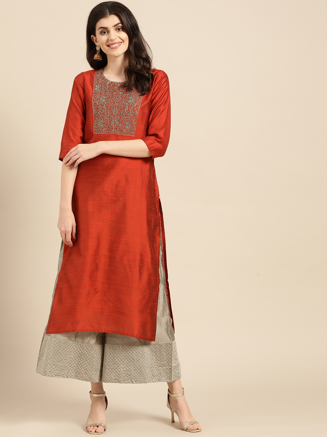 

Varanga Women Rust Red & Green Yoke Design Straight Kurta With Zari Detail