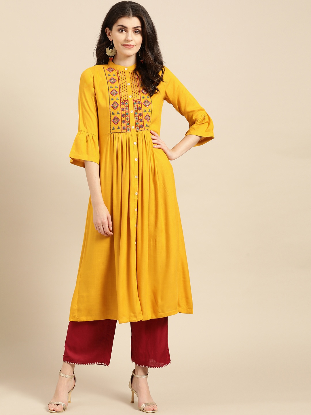 

Varanga Women Mustard Yellow & Maroon Yoke Design Anarkali Kurta