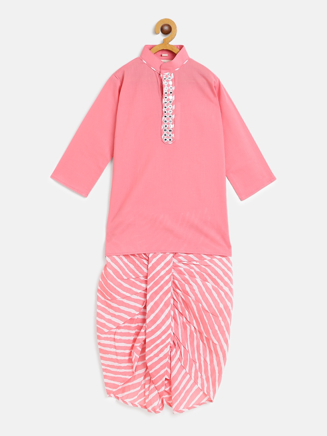 

Cute Couture Boys Pink & White Solid Kurta with Leheriya Print Ready to Wear Dhoti