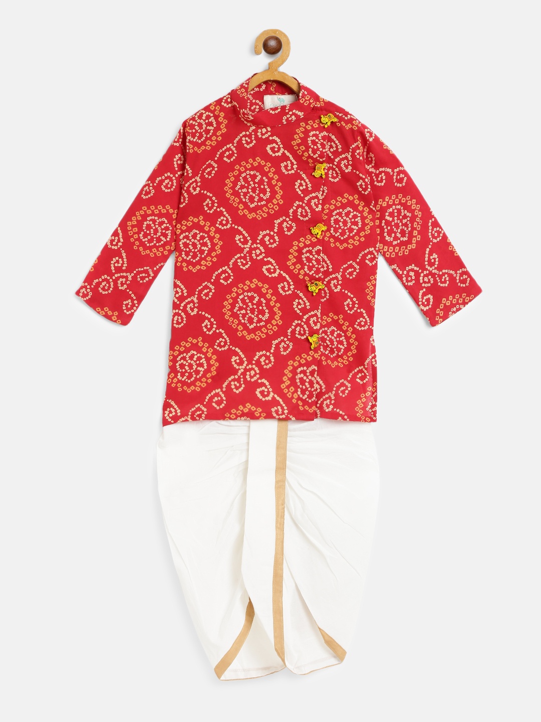 

Cute Couture Boys Red & White Bandhani Print Kurta with Ready to Wear Dhoti