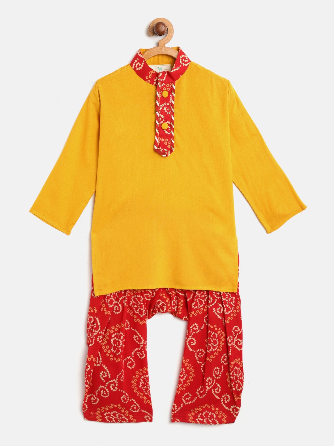 

Cute Couture Boys Mustard Yellow & Red Solid Kurta with Patiala
