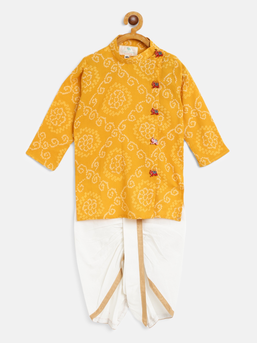 

Cute Couture Boys Mustard Yellow & White Bandhani Print Panchakattu