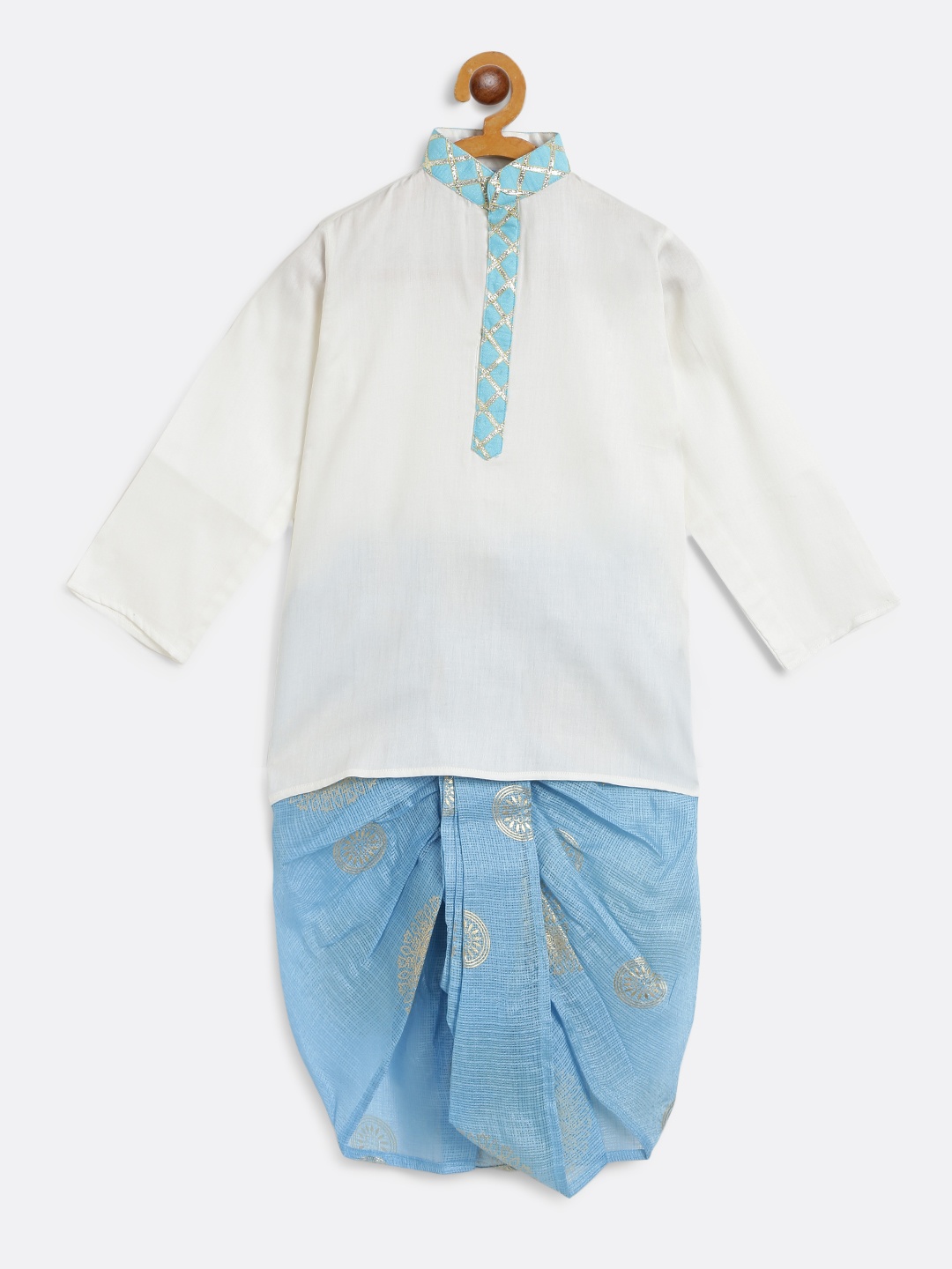 

Cute Couture Boys Off-White & Blue Solid Kurta with Printed Dhoti Pants