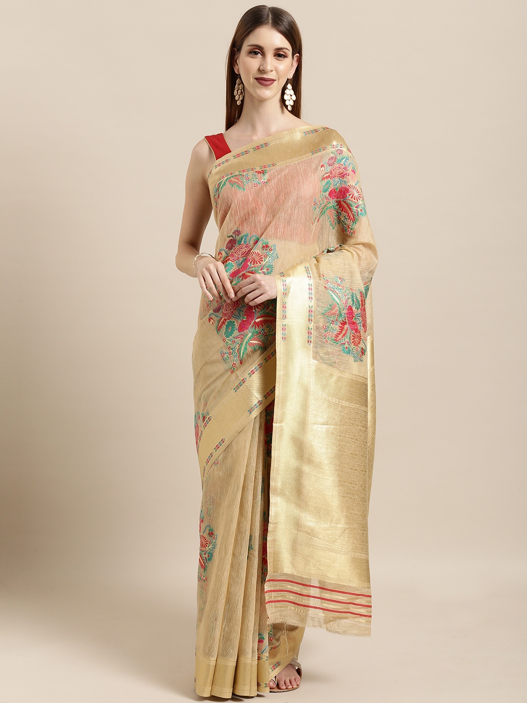 

Mitera Beige & Gold-Toned Silk Blend Woven Design Banarasi Saree