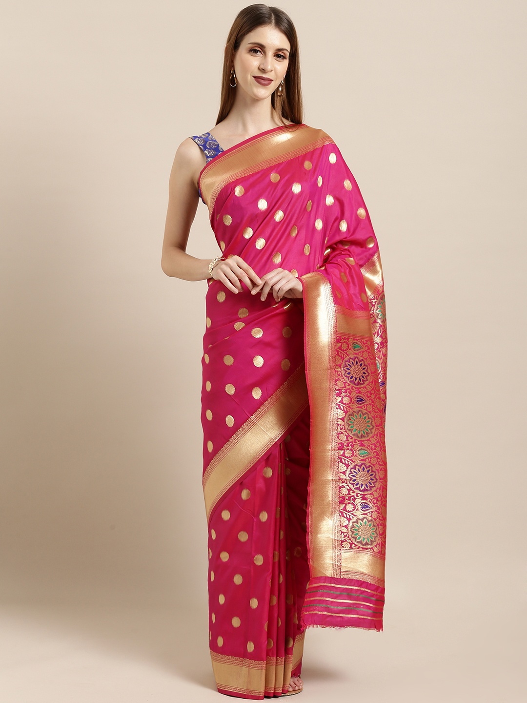 

Mitera Pink & Gold-Toned Silk Blend Woven Design Banarasi Saree