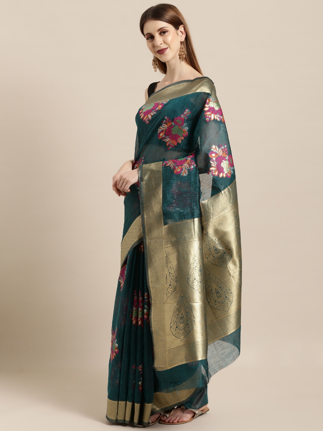 

Mitera Green & Pink Silk Blend Woven Design Banarasi Saree