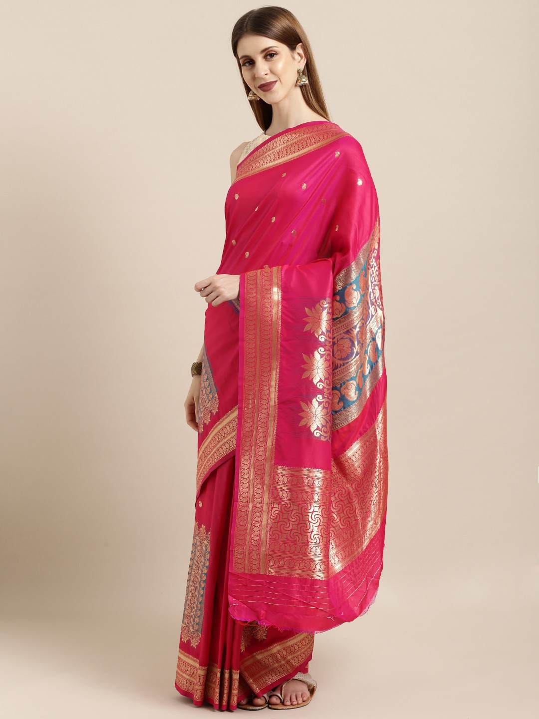

Mitera Pink & Gold-Toned Silk Blend Woven Design Banarasi Saree
