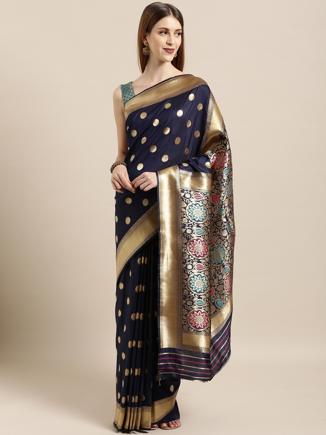 

Mitera Navy Blue & Gold-Toned Silk Blend Woven Design Banarasi Saree