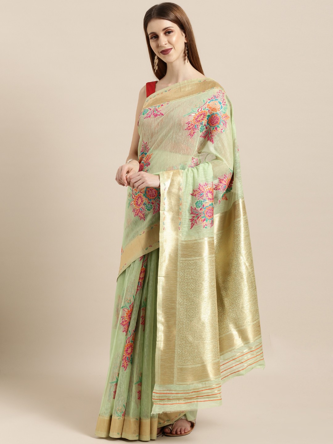 

Mitera Green & Gold-Toned Silk Blend Woven Design Banarasi Saree