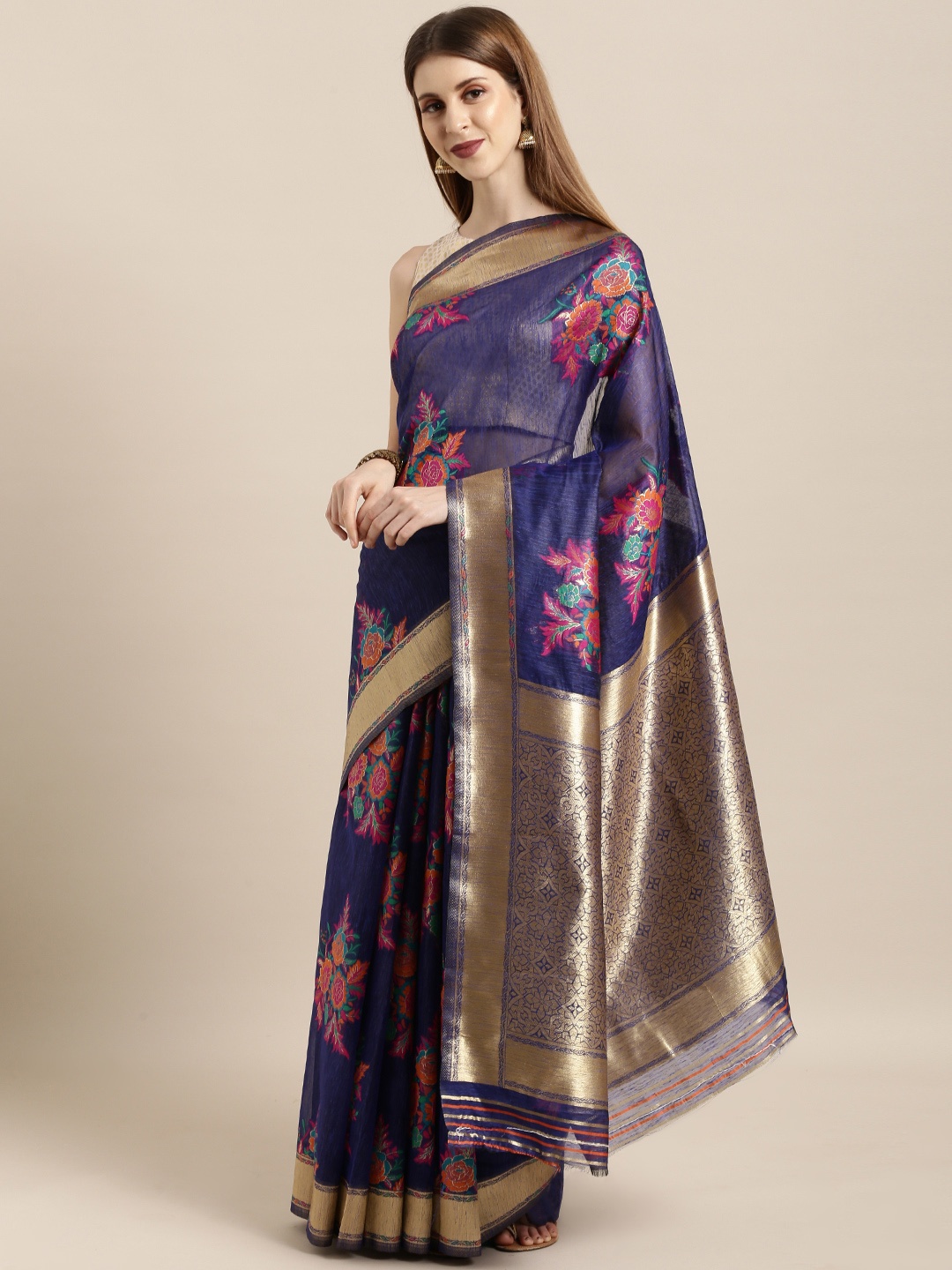 

Mitera Navy Blue & Pink Silk Blend Woven Design Banarasi Saree