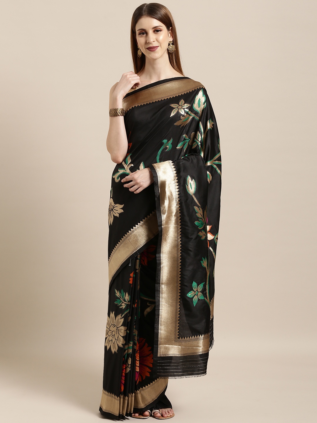 

Mitera Black & Gold-Toned Silk Blend Woven Design Banarasi Saree