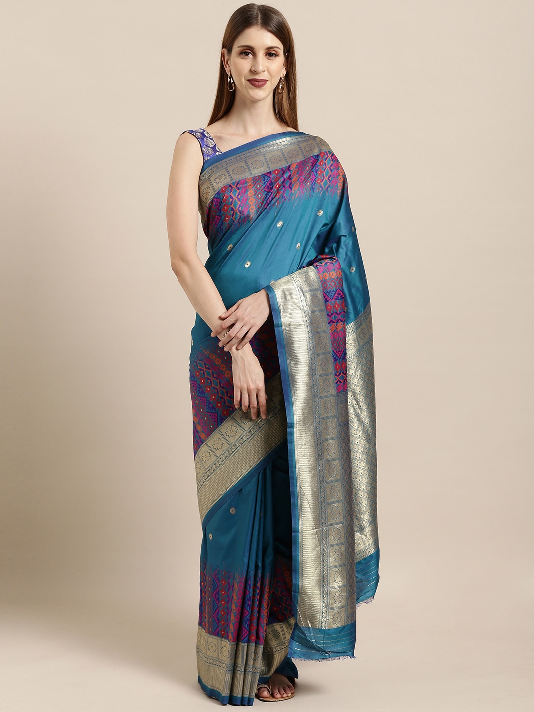 

Mitera Navy Blue & Gold-Toned Silk Blend Woven Design Kanjeevaram Saree