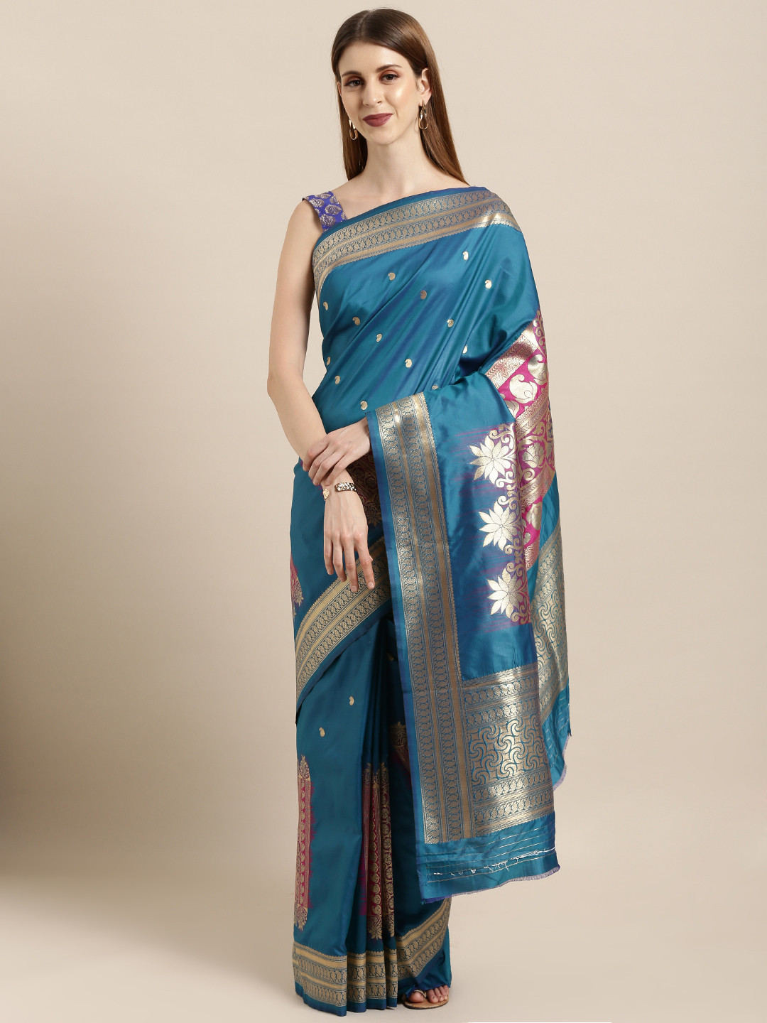 

Mitera Teal Blue & Gold-Toned Silk Blend Woven Design Banarasi Saree
