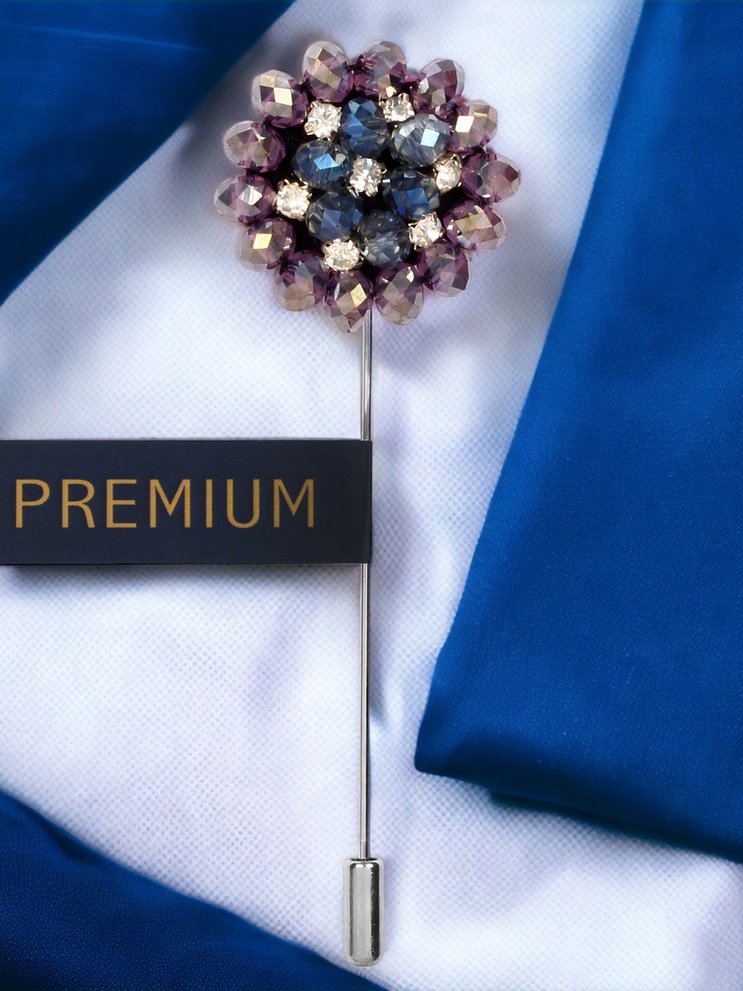 

PELUCHE Unisex Grey & Blue Crystal Beaded Stone Flower Lapel Pin