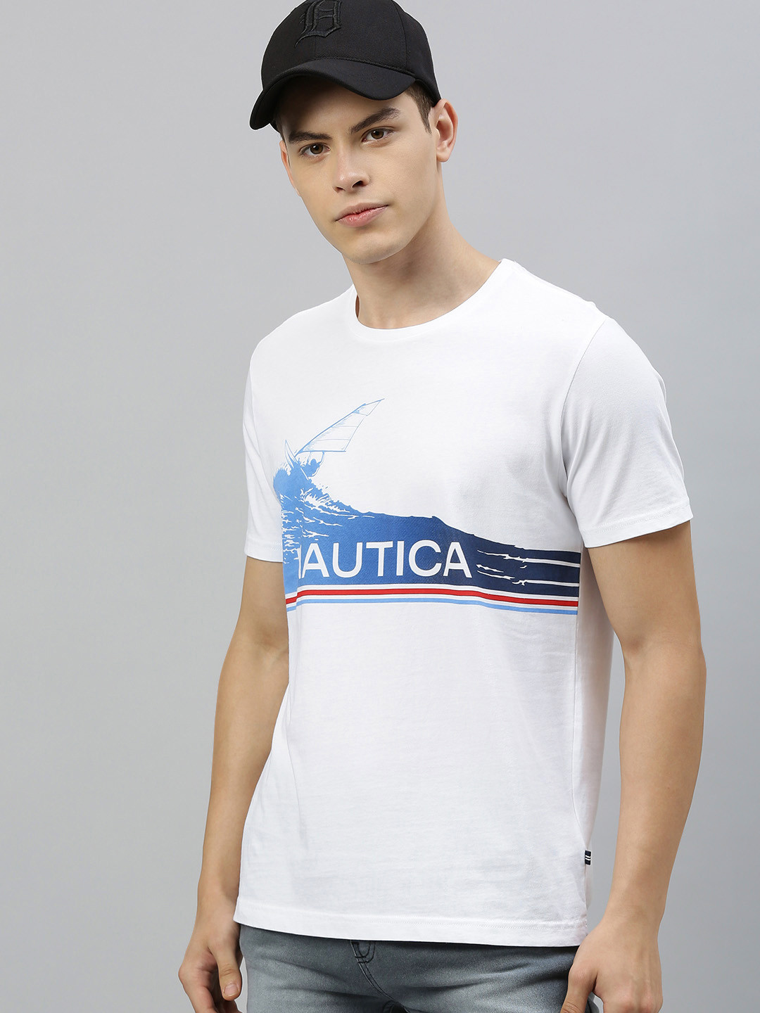 

Nautica Men White Printed Round Neck Pure Cotton T-shirt