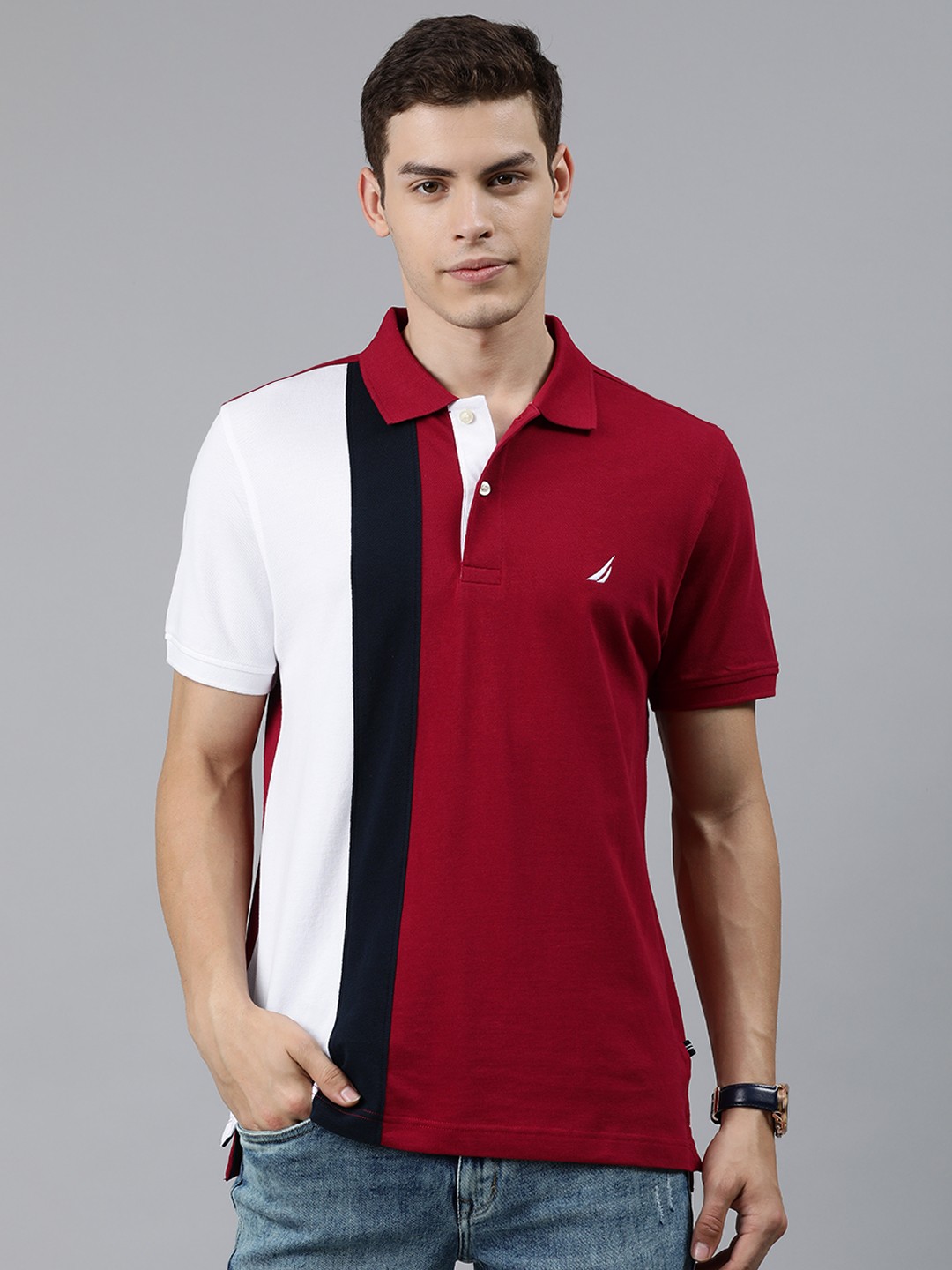 

Nautica Men Red White Colourblocked Polo Collar Pure Cotton T-shirt