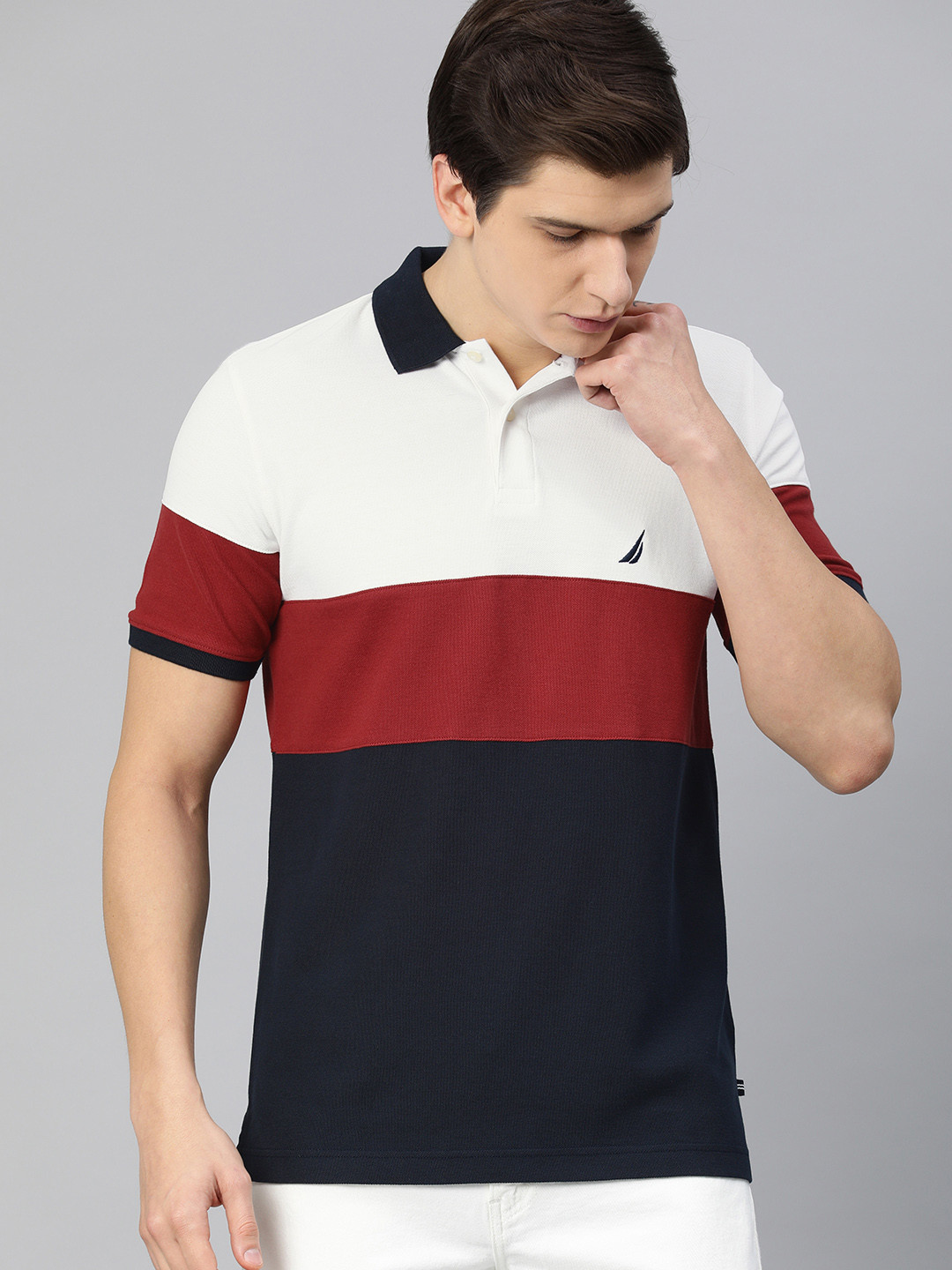 

Nautica Men White Navy Blue Colourblocked Polo Collar Pure Cotton T-shirt