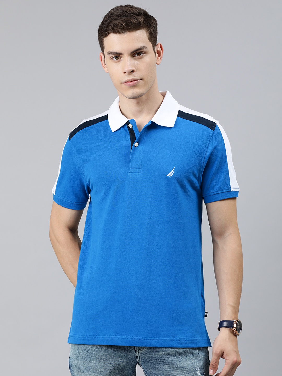 

Nautica Men Blue Solid Polo Collar Pure Cotton T-shirt With Striped Sleeves