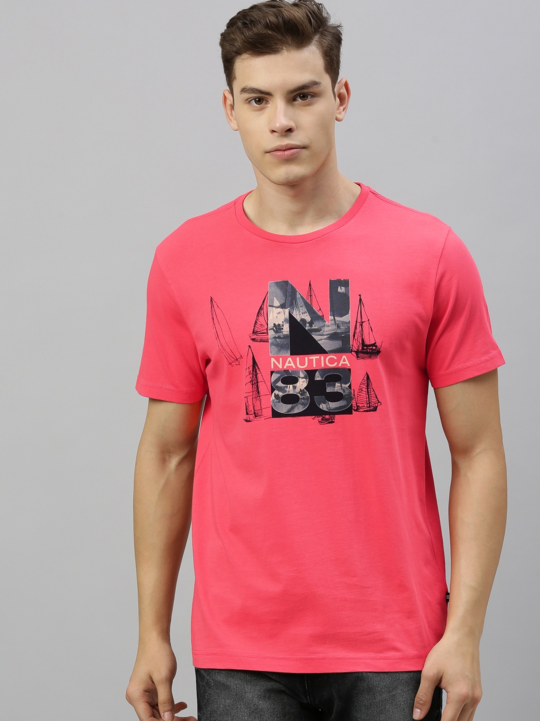 

Nautica Men Pink Printed Round Neck T-shirt