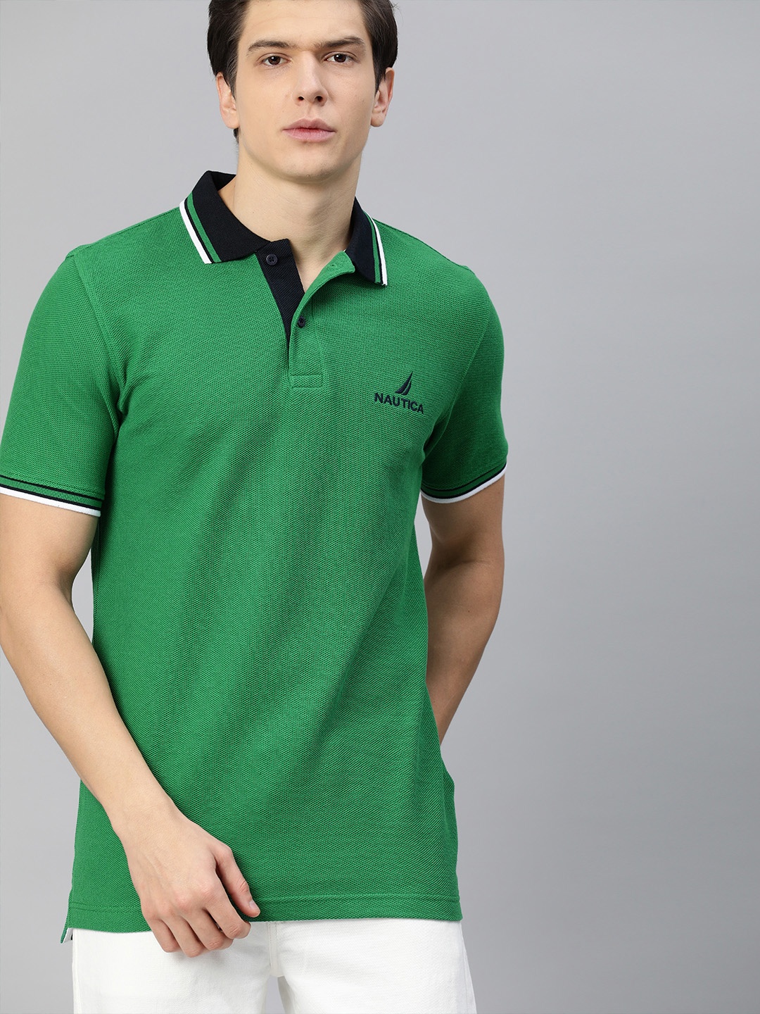 

Nautica Men Green Solid Polo Collar Pure Cotton T-shirt