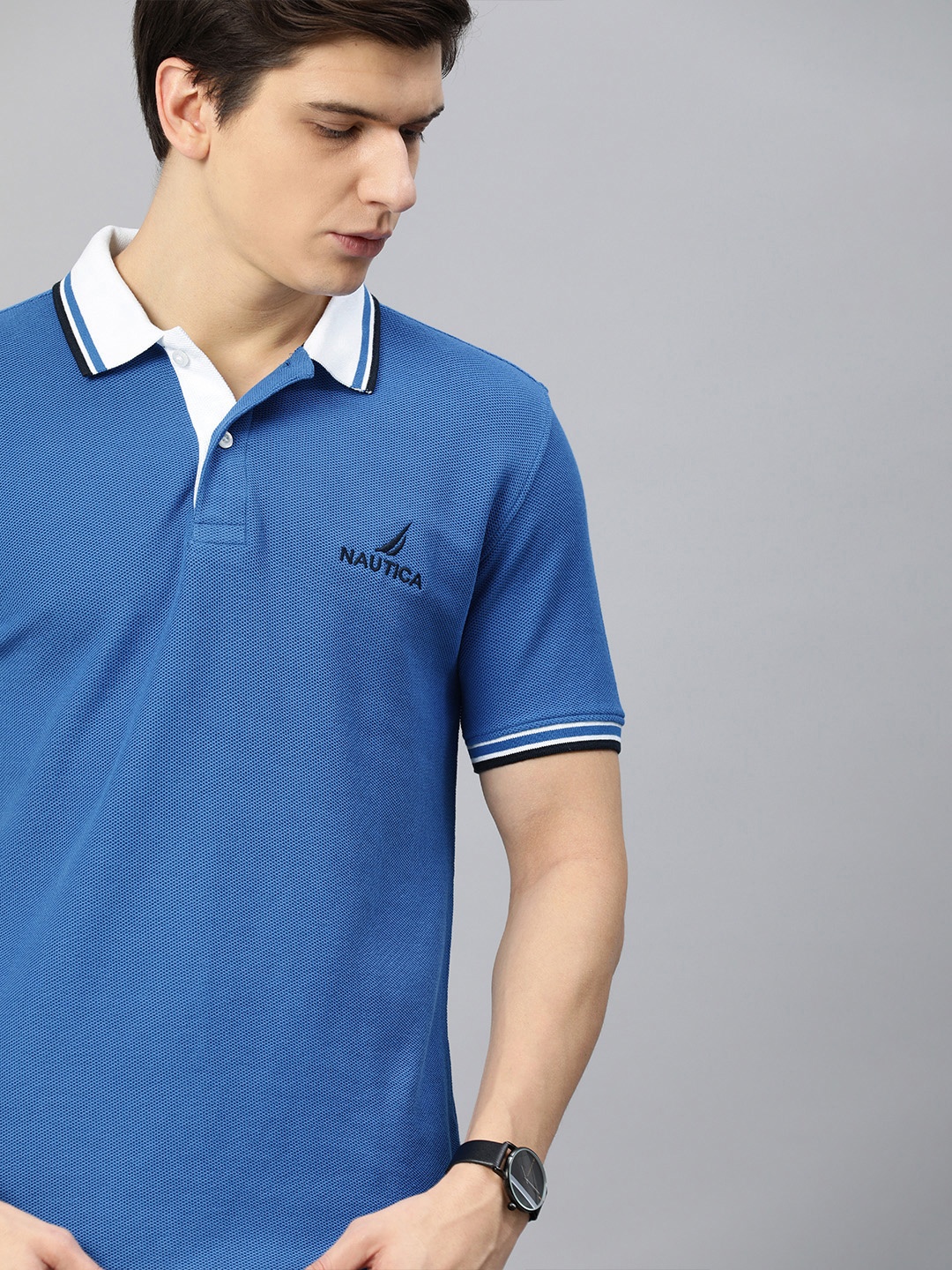 

Nautica Men Blue Solid Polo Collar Pure Cotton T-shirt