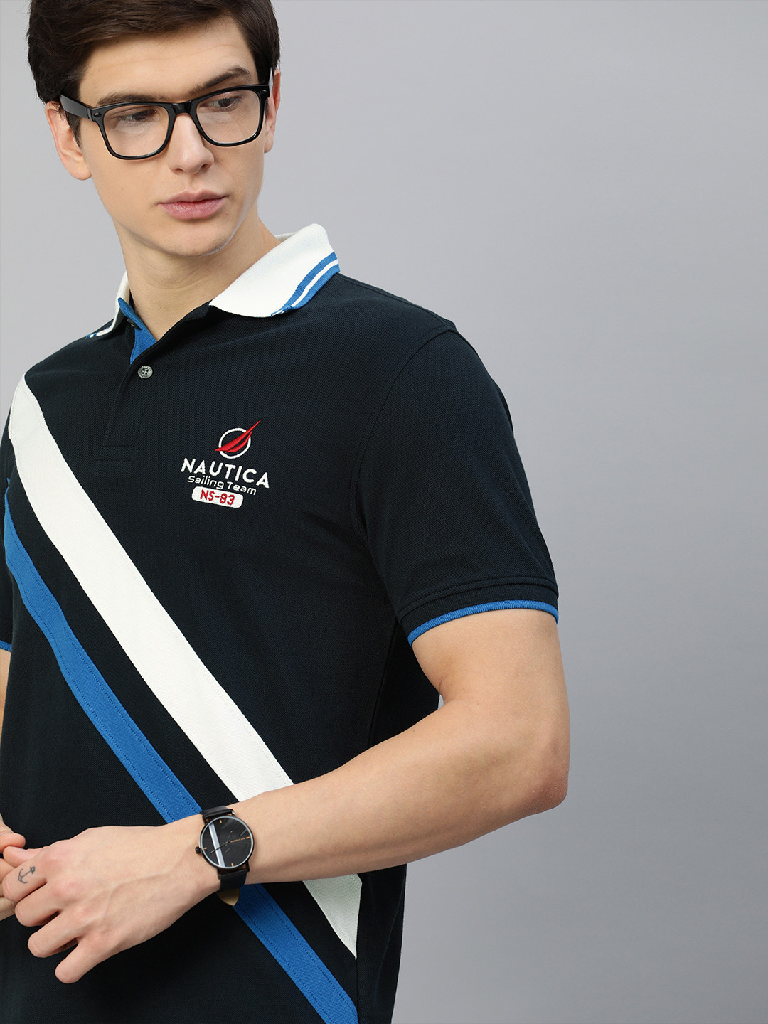 

Nautica Men Navy Blue & White Striped Polo Collar T-shirt