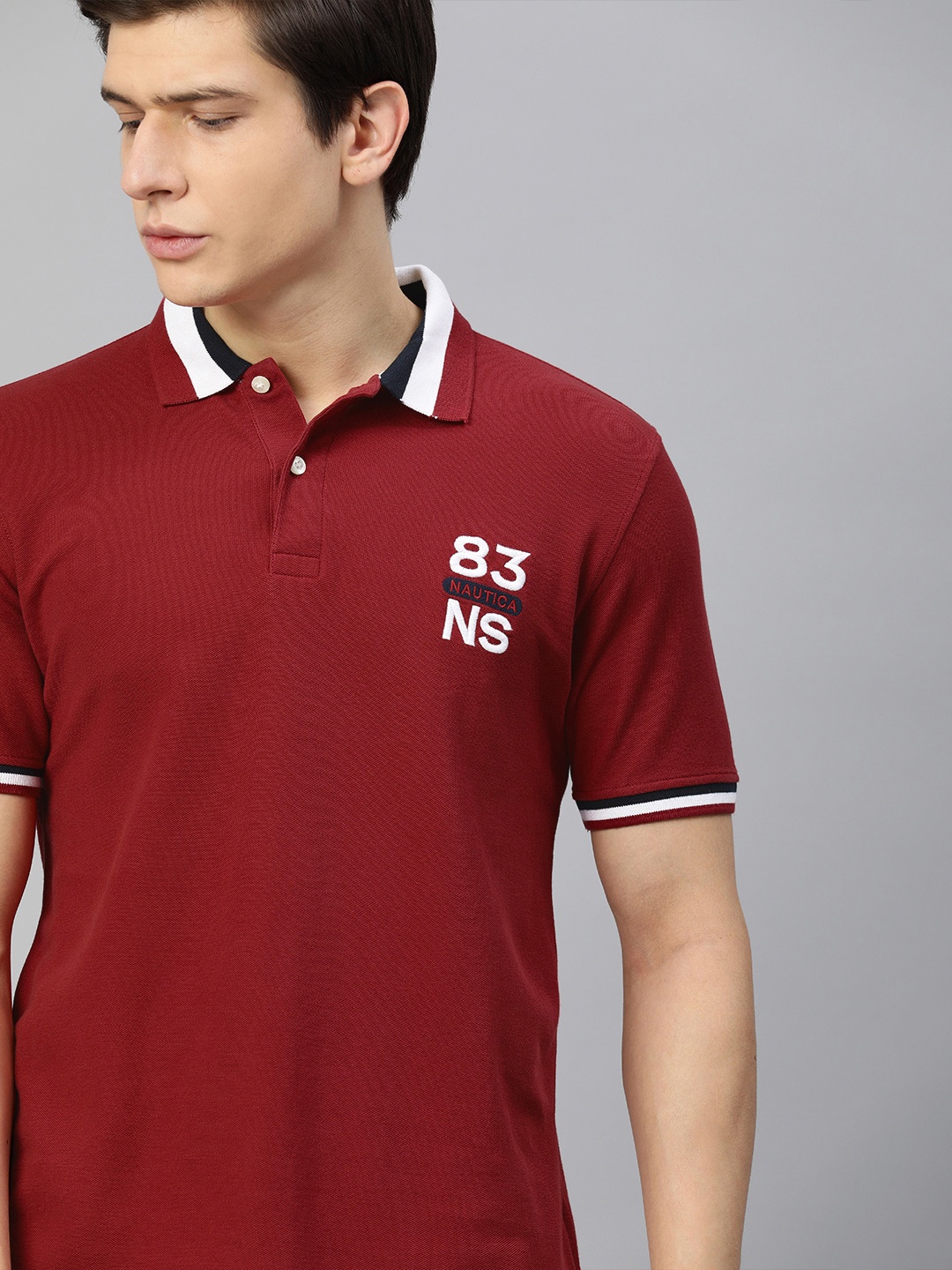 

Nautica Men Red Solid Polo Collar Pure Cotton T-shirt with Embroidery