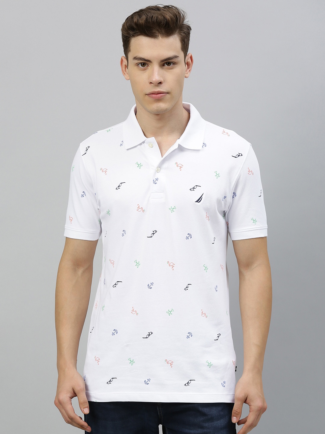 

Nautica Men White Printed Slim Fit Polo Collar T-shirt