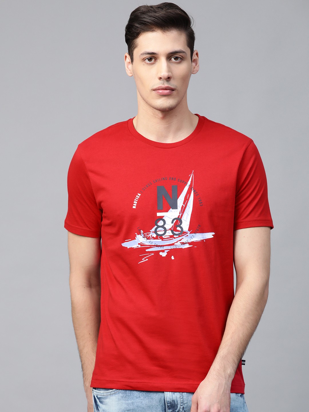

Nautica Men Red & Blue Printed Round Neck T-shirt