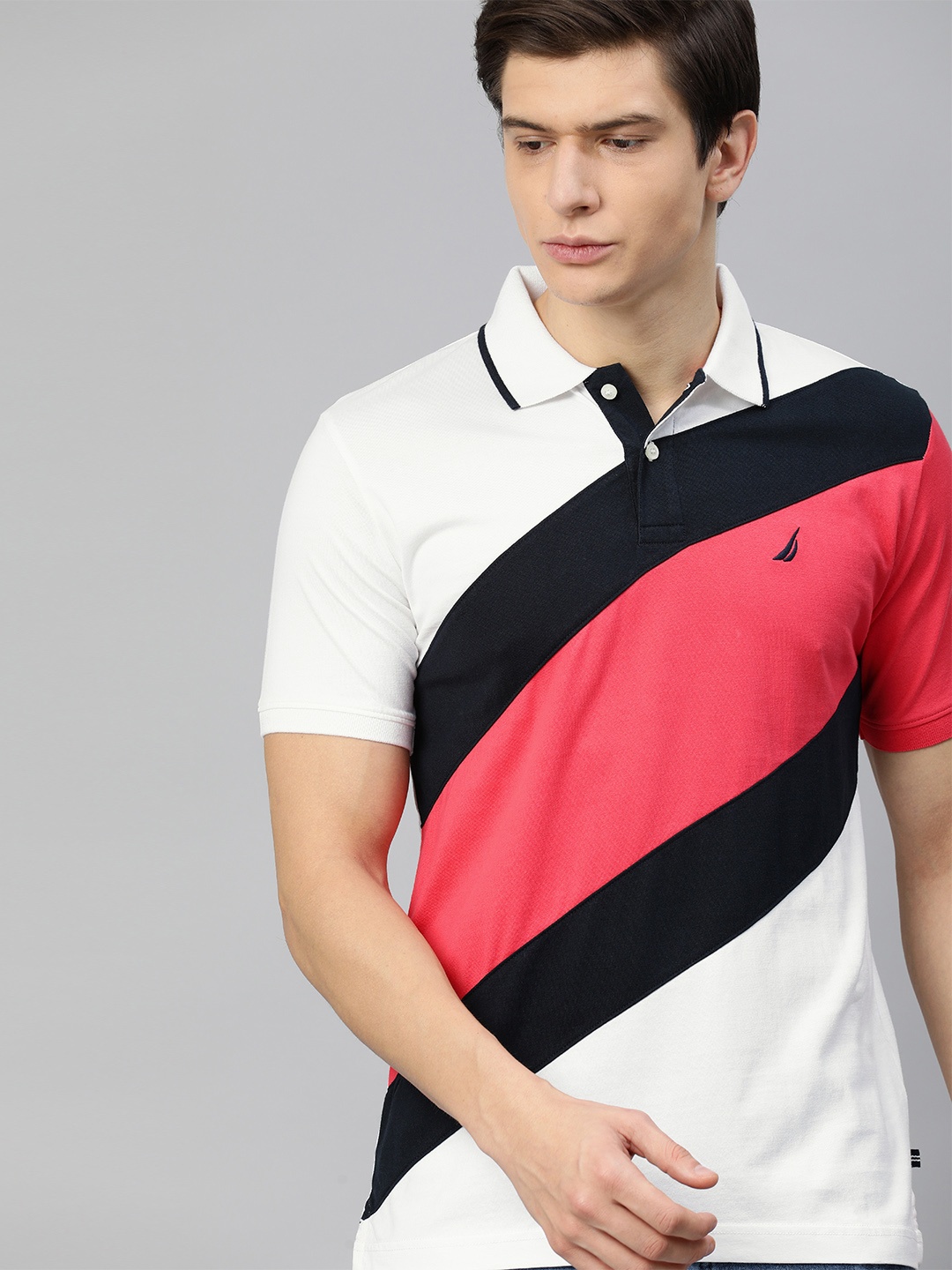 

Nautica Men White Pink Colourblocked Polo Collar Pure Cotton T-shirt