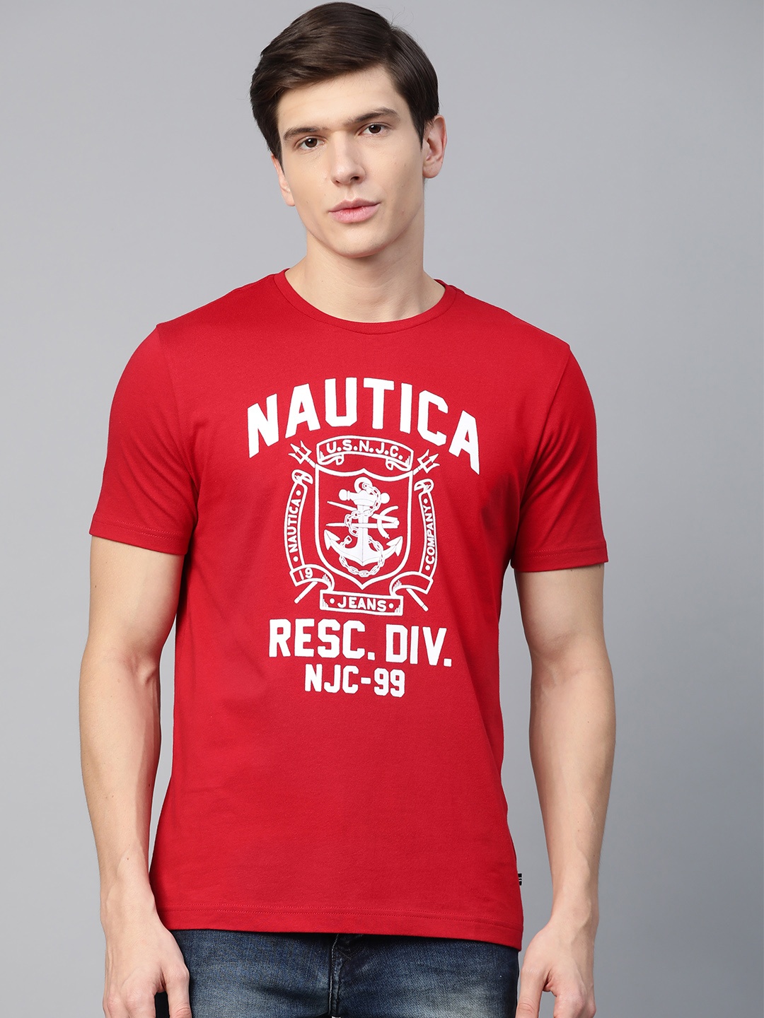 

Nautica Men Red & White Printed Round Neck T-shirt