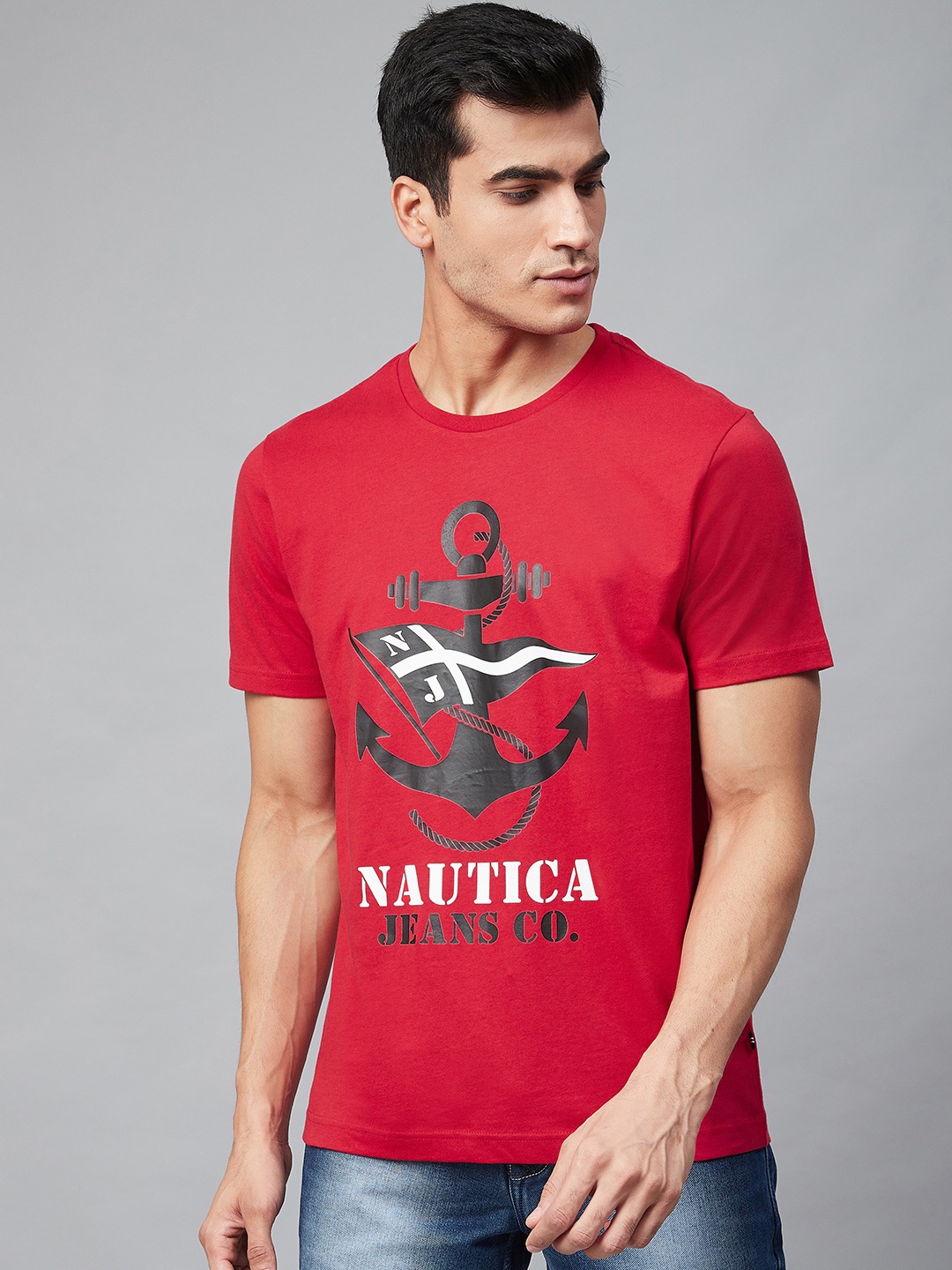 

Nautica Men Red Black Anchor Printed Round Neck Pure Cotton T-shirt