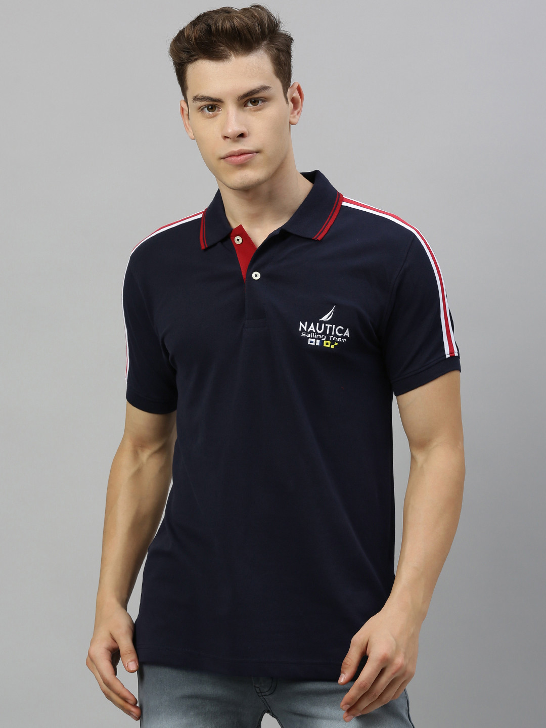 

Nautica Men Navy Blue Solid Polo Collar T-shirt with Embroidery