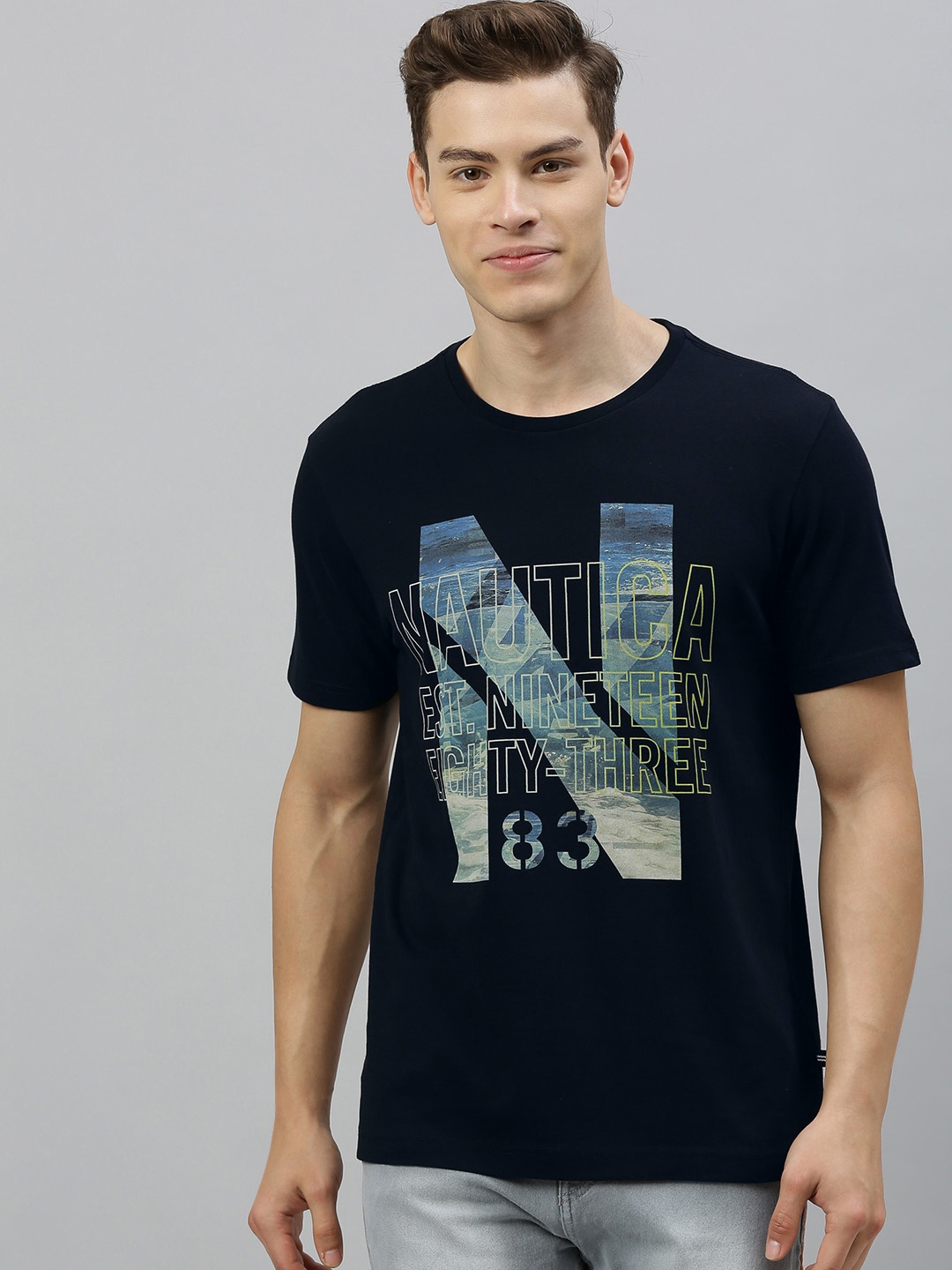 

Nautica Men Black Printed Regular Fit Round Neck Pure Cotton T-shirt